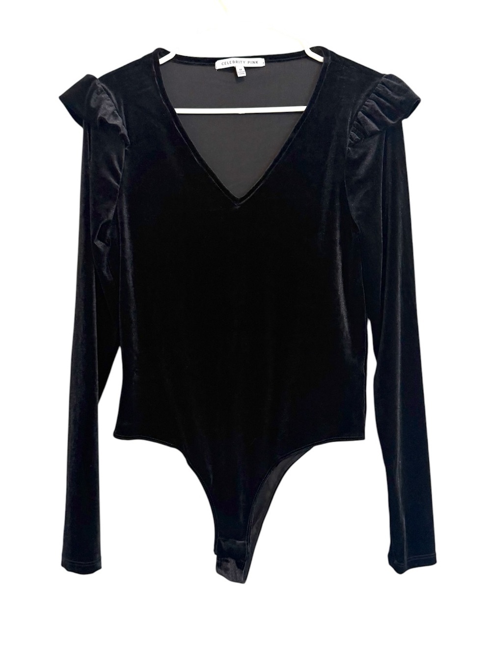 2/$30 Celebrity Pink Black Velvet Ruffle Shoulder Bodysuit Medium